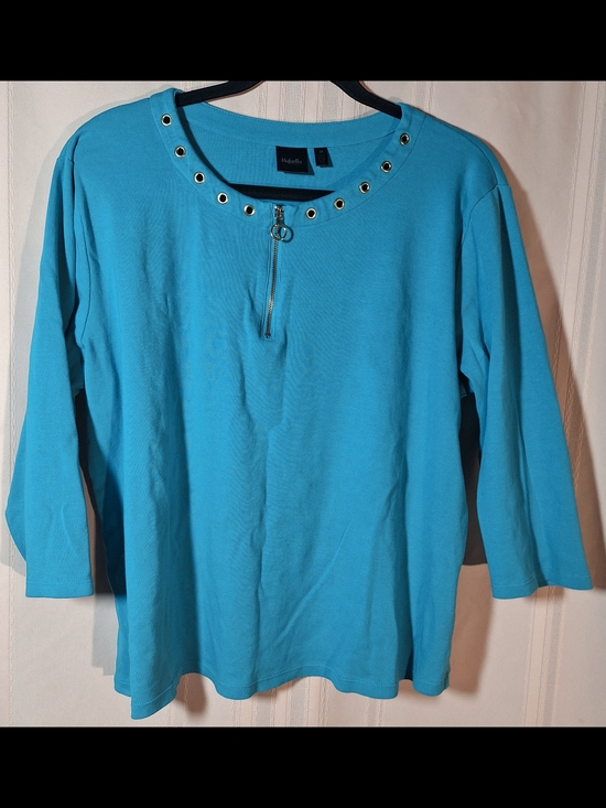Rafaella Tops - RAFAELLA Turquoise Eyelet Zip-Front Top
